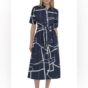 DKNY Long Sleeve Dress in Navy and White